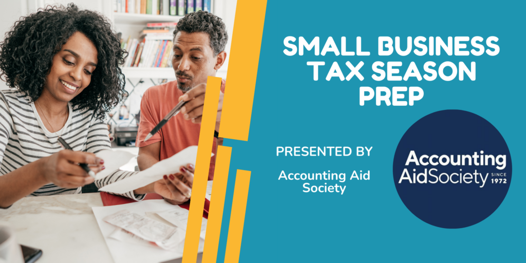Dos personas mirando los papeles Small Business Tax Season Prep presentado por Accounting Aid Society