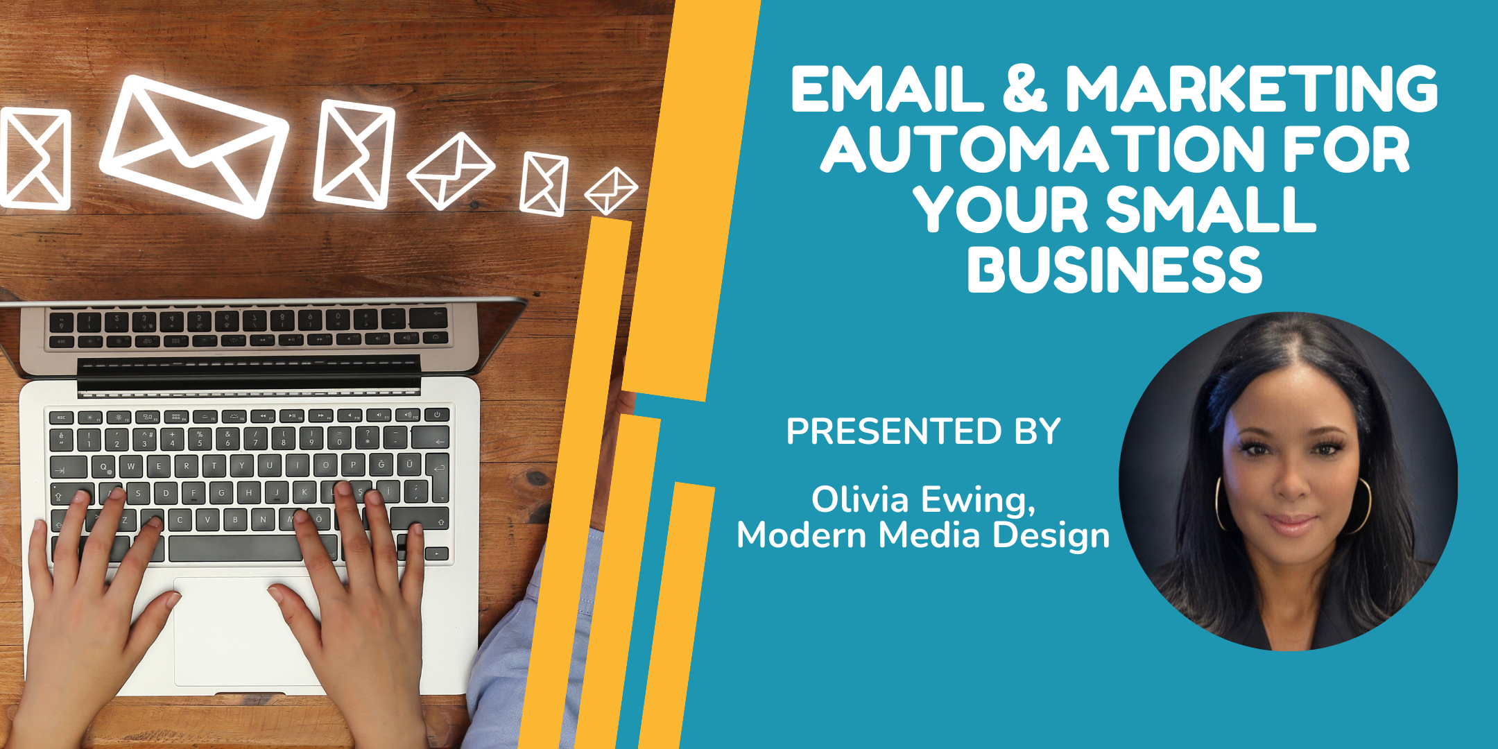 Email and marketing automation for your small business, picture of Olivia Ewing and laptop computer sending emails